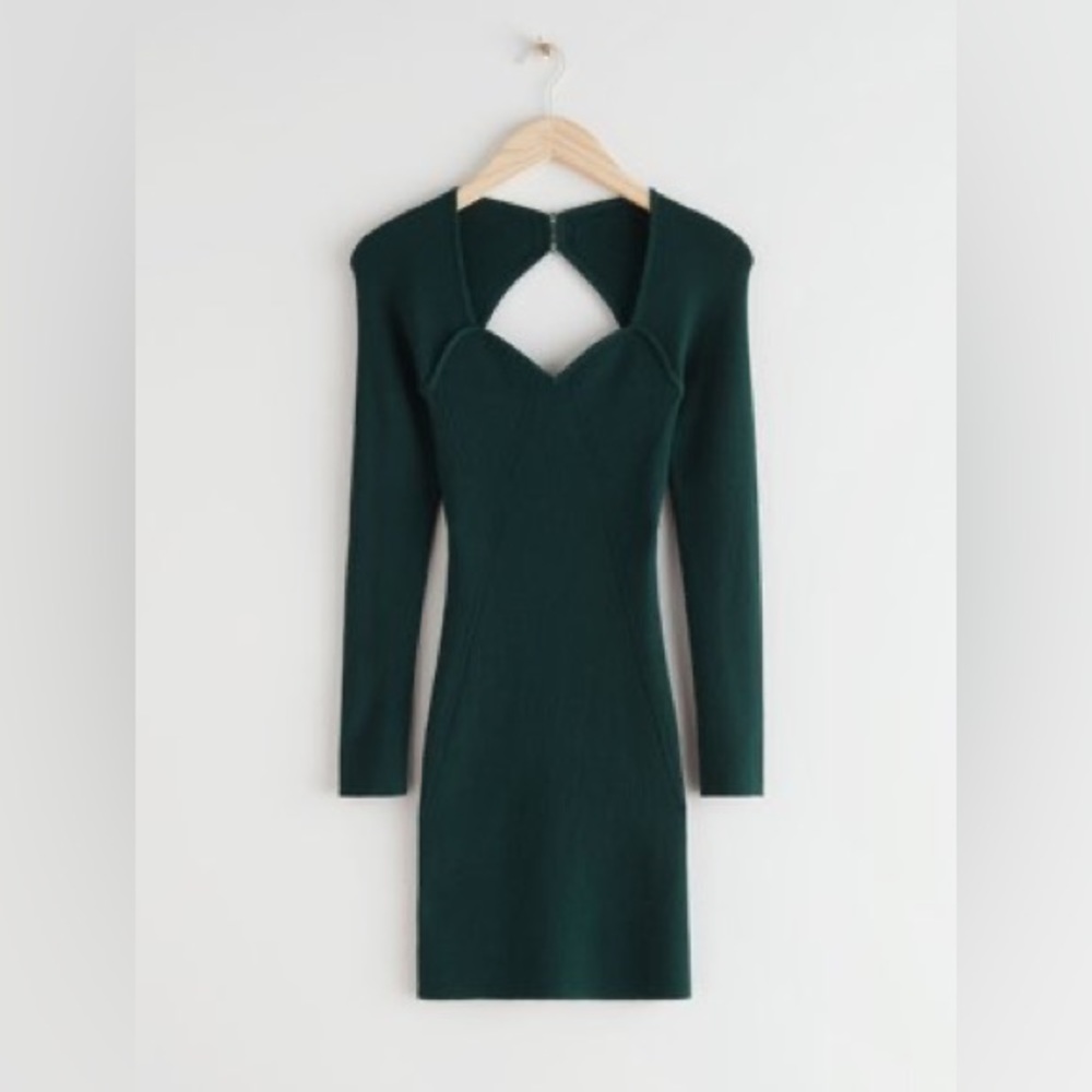 & Other Stories Ribbed Sweetheart Neck Mini Dress in Dark Green, Size XS